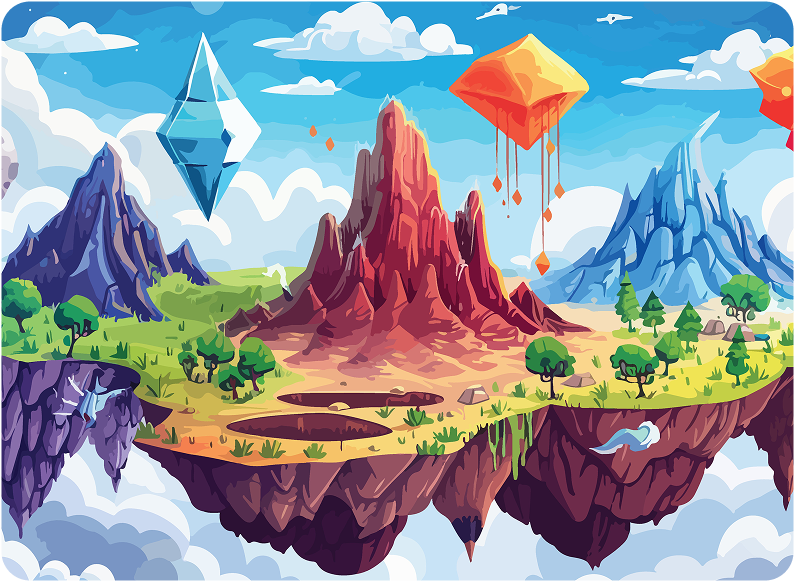 Paesaggio fantastico con isole fluttuanti, montagne, cristalli e paracadute colorati — simbolo di avventura e libertà nel gioco