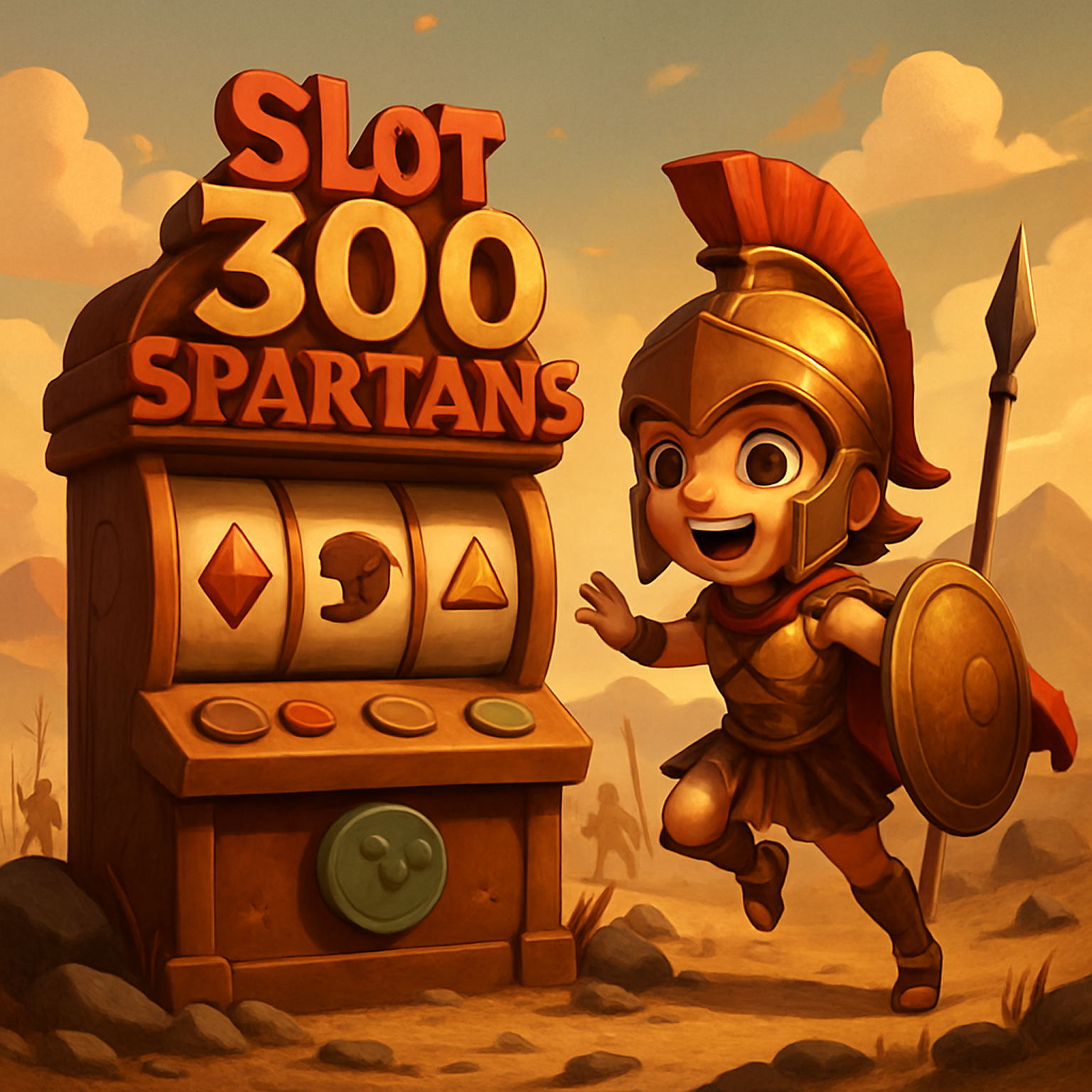 300 Spartans: guerriero spartano con elmo rosso e scudo, accanto a una slot machine — tema epico antico