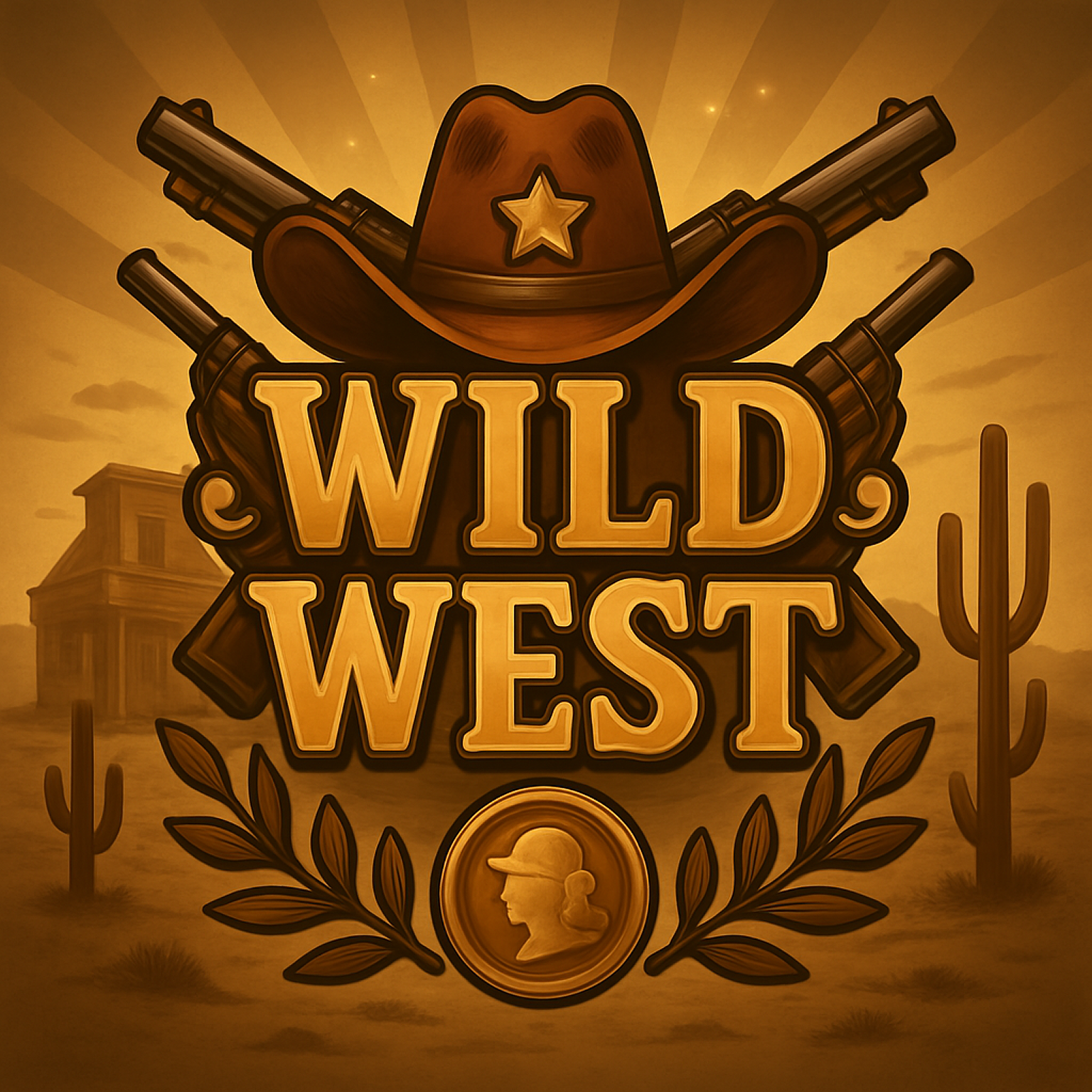 Wild-west: cappello da cowboy con stella, pistole incrociate e cactus — tema western avventuroso